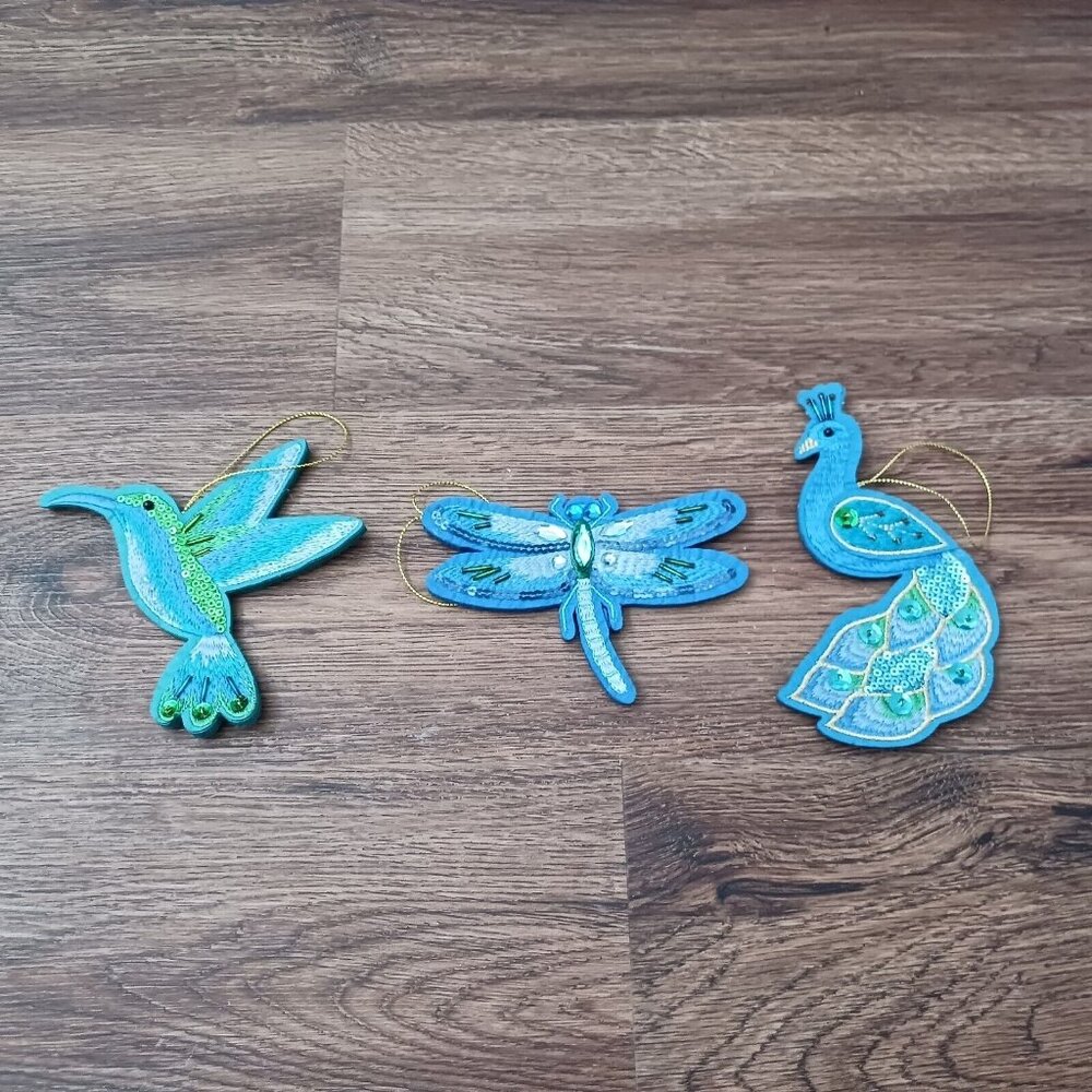 Dragonfly Hummingbird Peacock Ornament Embroidered Blue Felt Beaded Decor